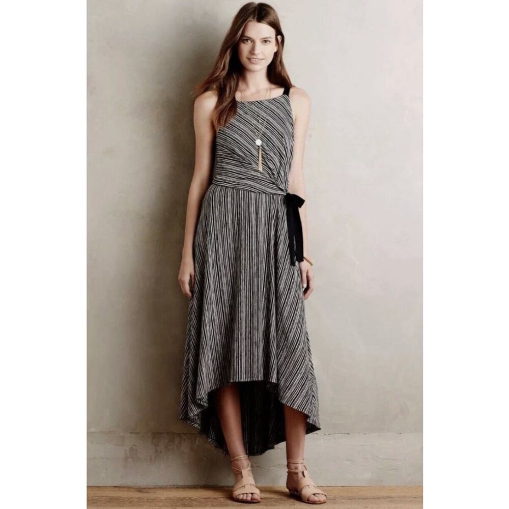 Anthropologie Maeve Salsola High Low Faux Wrap Small Midi Dress Black‎ White